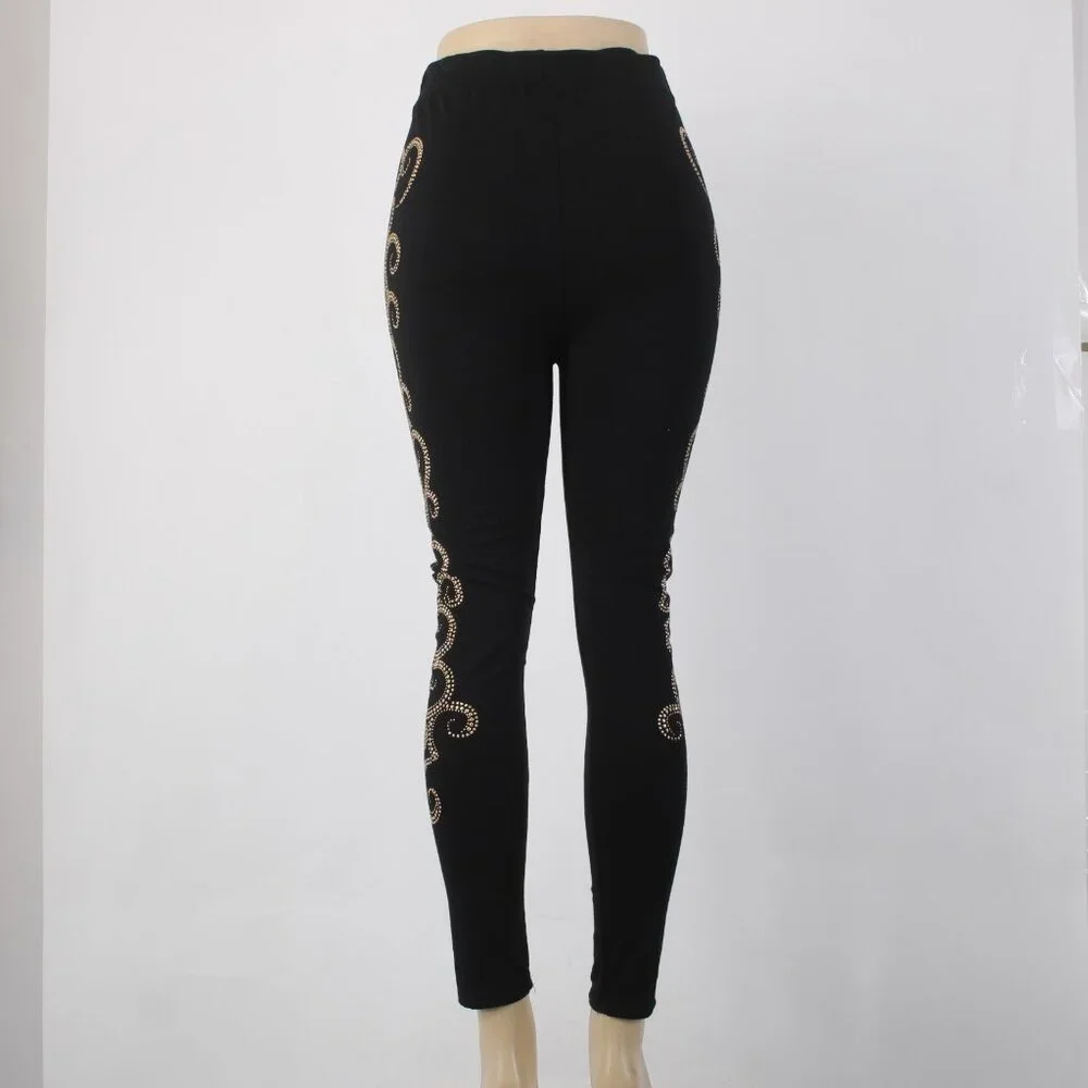 Mode Lia Legging Pant Sz L x 29 Black Gold Embellishment Swirls Rayon Leggings - Picture 5 of 12